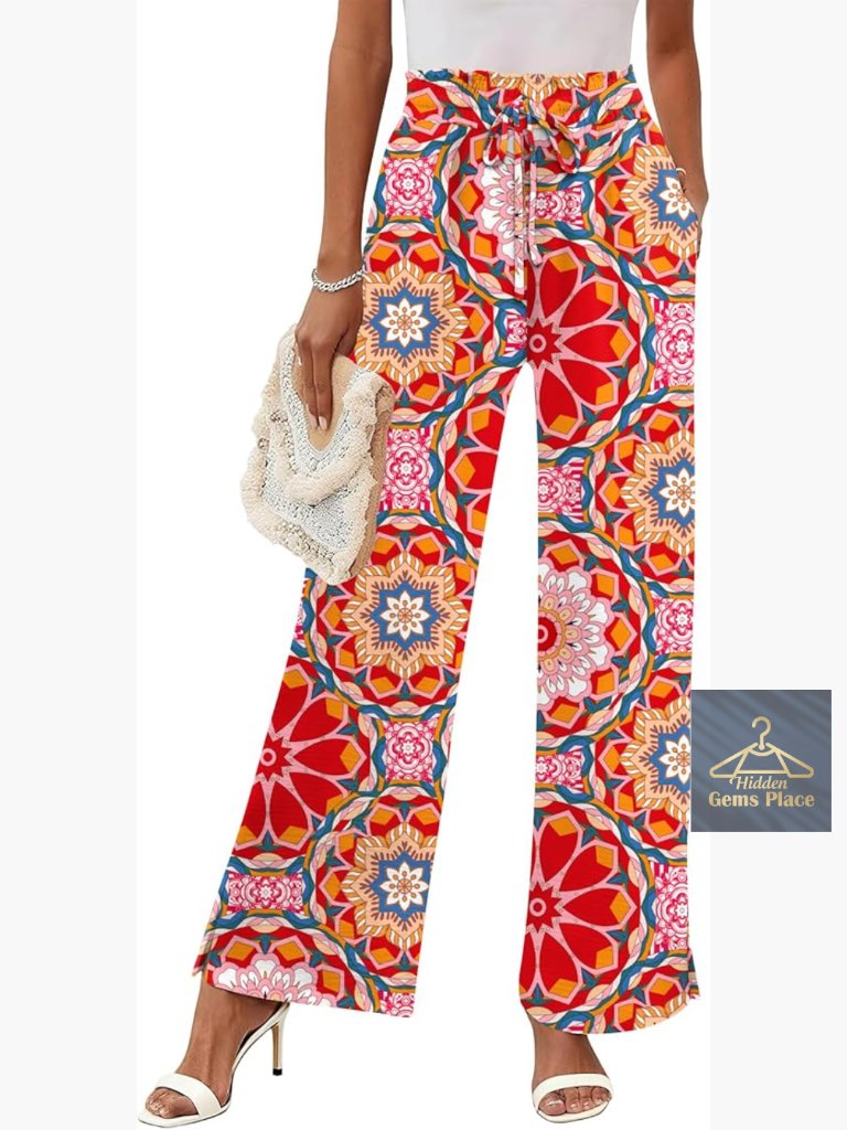 Wide Leg Palazzo Pants High Waisted Drawstring Casual Trousers With Pockets
